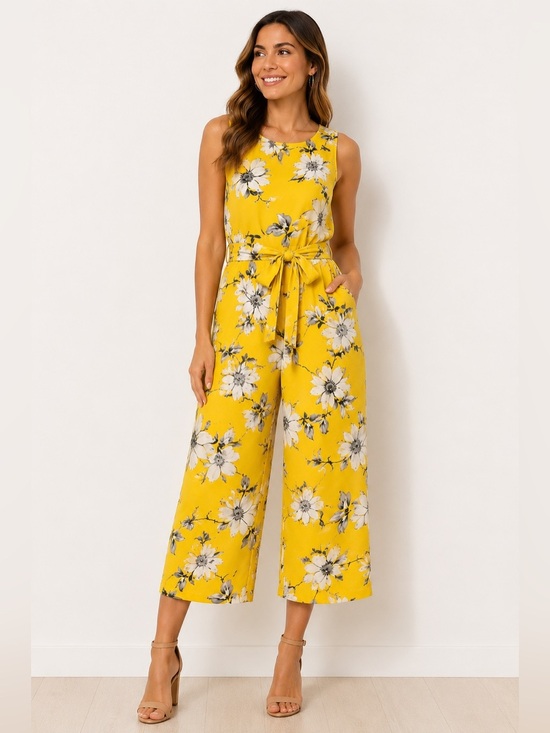 Luxology Pants - Luxology Yellow Floral Cropped Wide Leg Jumpsuit Tie Waist Size 10